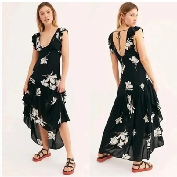 Free People Dresses & Skirts - Free People She's a Waterfall Maxi Dress Floral Ruffle High Low Black White Sz 4